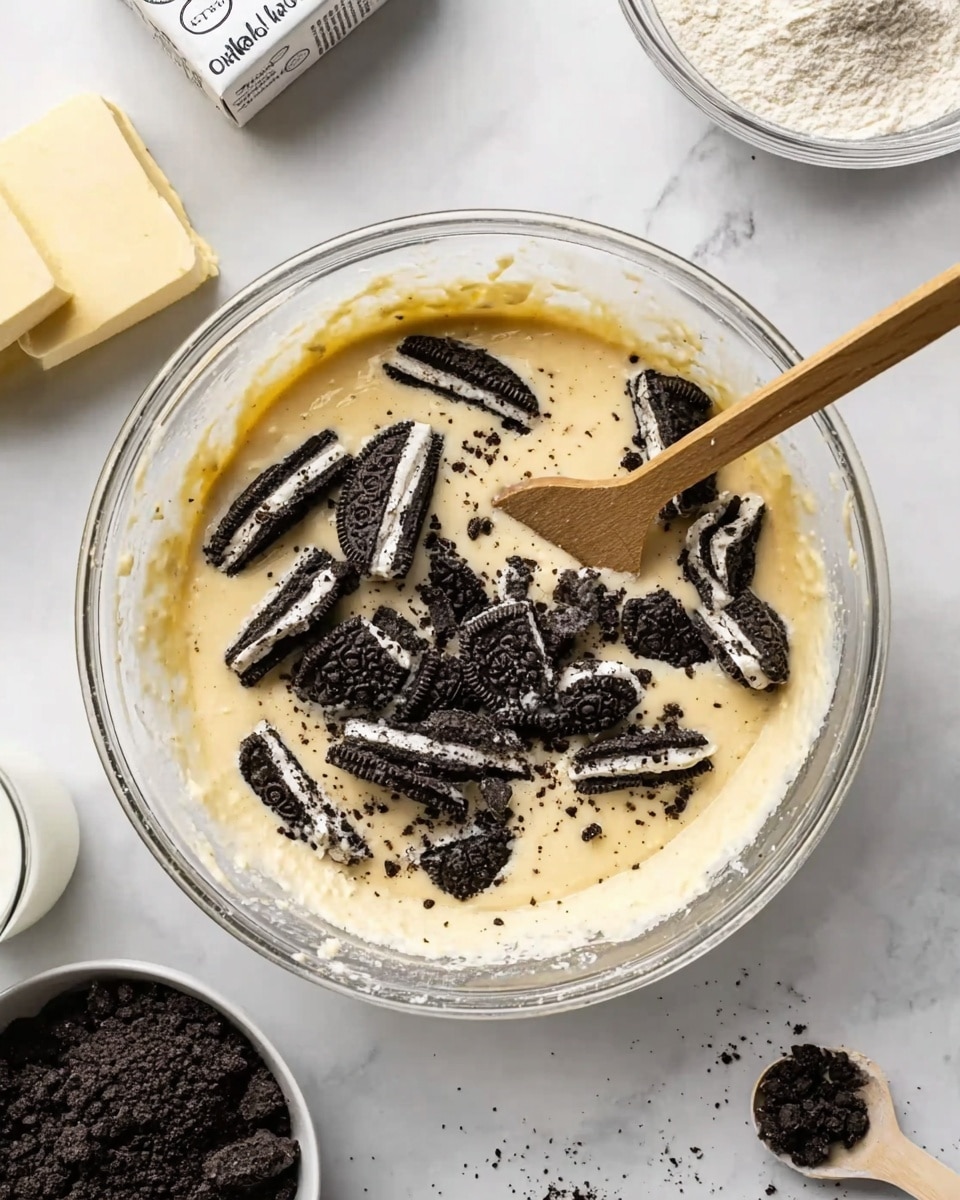 A clear glass mixing bowl is filled with thick, pale yellow batter, with large pieces of black and white cookie chunks scattered on top. A wooden spatula rests inside the bowl, partially submerged in the batter and cookie mix. Around the bowl, on a white marbled surface, are a bowl filled with more crushed cookie pieces, a glass container with white powder, a carton of butter, and a glass of milk. The scene is brightly lit, showing details in texture and color clearly. Photo taken with an iphone --ar 4:5 --v 7