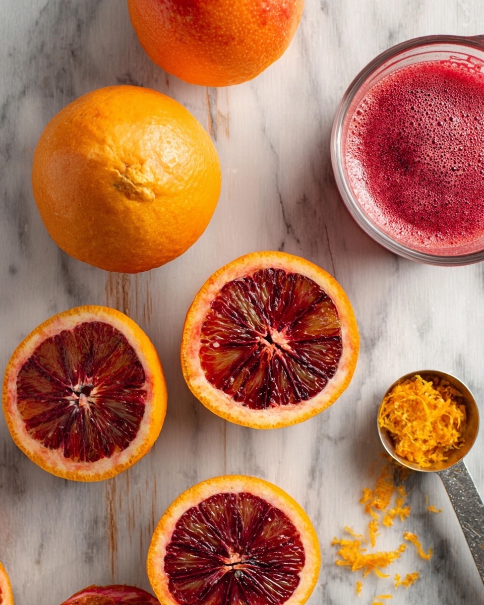 The image shows a top-down view of several blood oranges in different states on a white marbled surface. One whole orange is placed near the top left, bright orange with a smooth, slightly bumpy texture. Around it are halves and hollowed-out halves of blood oranges, revealing deep red and purple segments with shiny, juicy textures inside. At the top right corner, there is a glass measuring cup filled with frothy red juice. Near the bottom right, a metal measuring spoon holds bright orange zest, finely grated. The colors are vivid with strong contrasts between the bright orange skin, dark red fruit inside, and the white marbled background. photo taken with an iphone --ar 4:5 --v 7