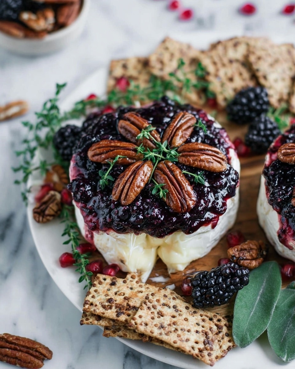 Two round layers of soft white cheese forms the base, topped with a layer of dark purple berry sauce that looks thick and glossy. On top of the sauce, there are several shiny brown pecans arranged neatly, with a few blackberries and small green herb sprigs in the center. The cheese edges show some soft melting. The plate is white and sits on a white marbled surface. Around the cheese, there are rectangular multigrain crackers with visible seeds and a rough texture. Some loose pecans, pomegranate seeds, and green leaves are placed around the plate for decoration. Photo taken with an iphone --ar 4:5 --v 7