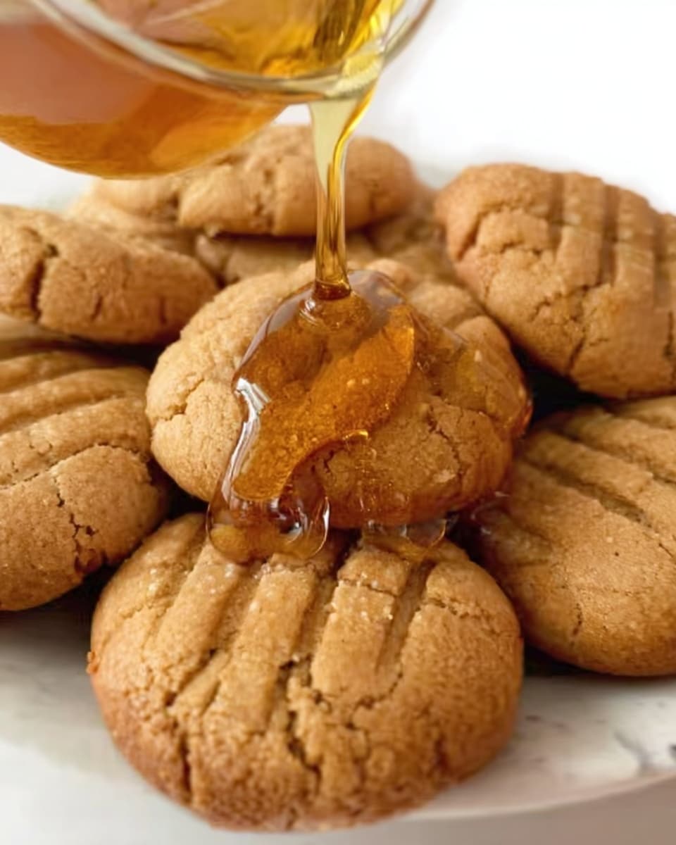 A close-up of several round, golden brown cookies with crisscross patterns on top, arranged closely together on a white plate. A golden syrup is being poured slowly from a glass container onto the top cookie in the center, with the syrup visibly dripping down its sides and onto the other cookies below. The cookies have a slightly cracked texture, and the white marbled surface can be seen faintly under the plate. Photo taken with an iphone --ar 4:5 --v 7