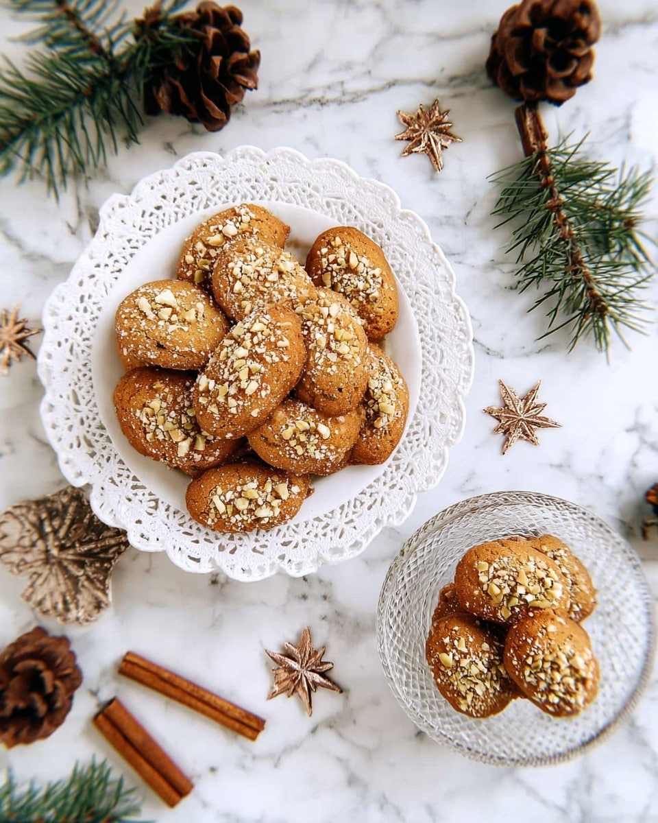 The image shows two dishes with small, oval-shaped brown cookies sprinkled with crushed nuts. The main dish is a white plate with many cookies piled in the center, placed on a larger white lace doily. To the right, there is a smaller, clear glass dish holding three cookies also topped with crushed nuts. The background is a white marbled surface with pine cones, cinnamon sticks, and small green pine branches scattered nearby, adding a festive touch. Photo taken with an iphone --ar 4:5 --v 7