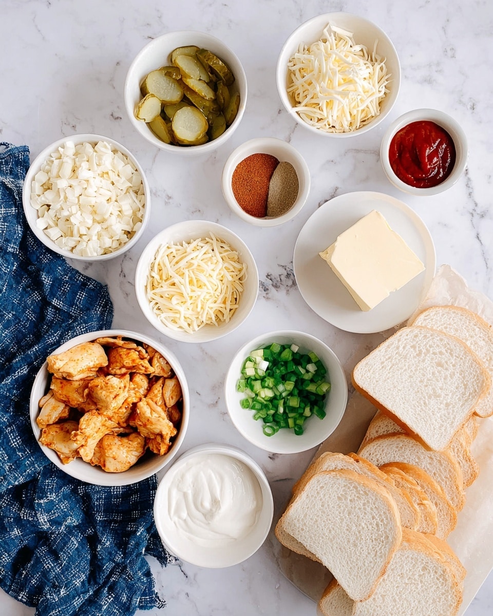The image shows ingredients for a dish displayed on a white marbled surface. There are two groups of sliced white bread at the bottom right, with a bowl of golden-brown cooked chicken pieces to the left. Above these are small white bowls arranged in a scattered manner, containing shredded white cheese, chopped green onions, melted butter, pickles, sour cream, a block of cream cheese on a small white plate, and sauces or spices including a red sauce and brown powdered spices. A blue checkered cloth is seen on the bottom left corner. Photo taken with an iphone --ar 4:5 --v 7
