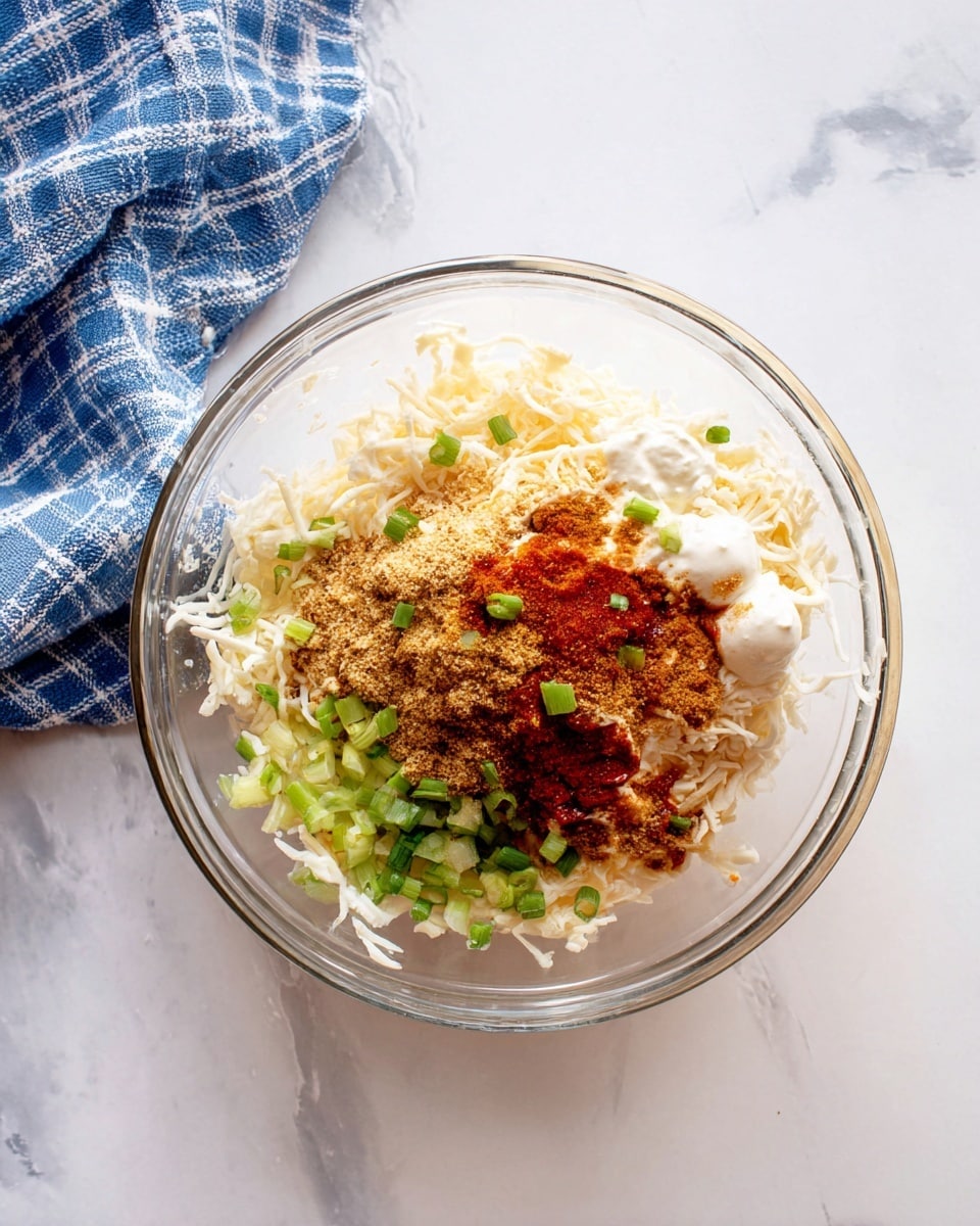A clear glass bowl placed on a white marbled surface holds a mixture of ingredients in layers: the bottom layer is shredded white cheese, topped with small dollops of creamy white sauce on the side, a sprinkle of finely chopped green onions scattered throughout, and a generous pile of brown and reddish spice powders in the center with a few streaks of red sauce. To the left side of the image, a blue and white checkered cloth adds a soft texture contrast. Photo taken with an iphone --ar 4:5 --v 7