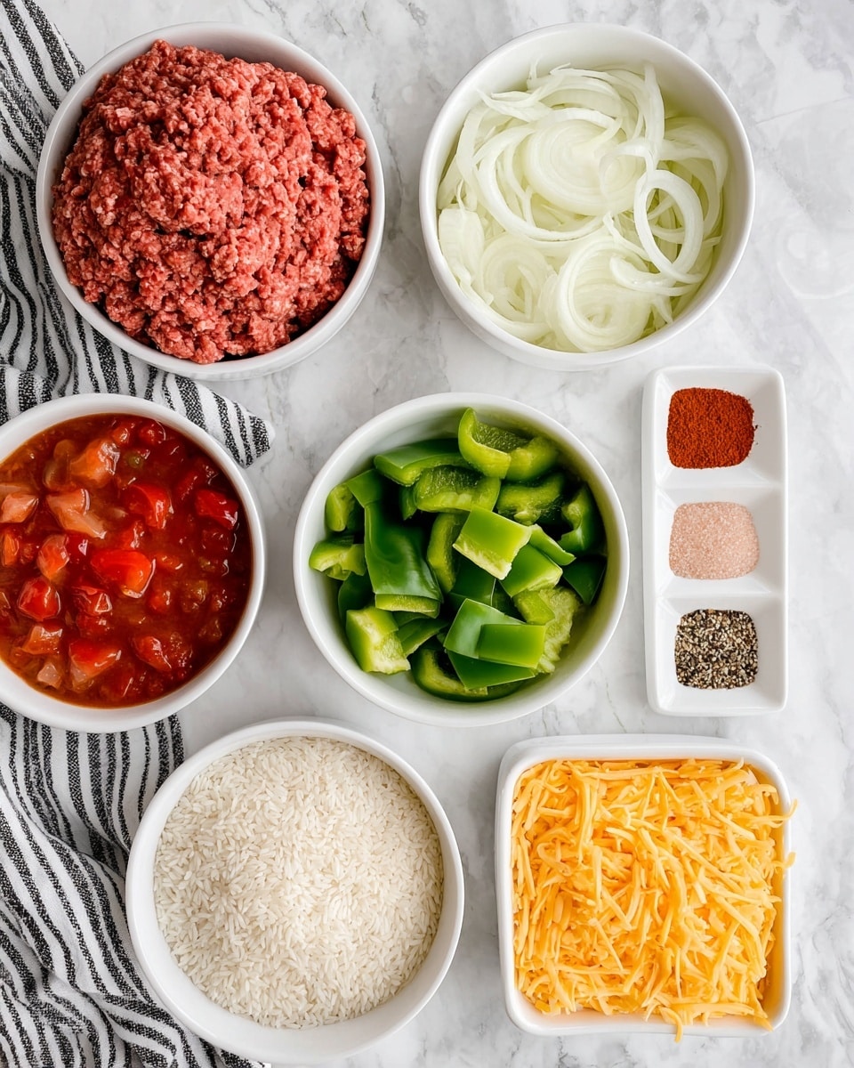 The image shows six white bowls and one white rectangular dish on a white marbled surface. The top left bowl contains raw ground beef with a red-brown color and coarse texture. To its right, a bowl is filled with white onion slices, thin and curly. Below the onions, another bowl holds diced green bell peppers, bright green and small. To the left of the peppers, a bowl has chopped tomatoes in red sauce, with chunks of tomatoes visible. Below the green peppers, a bowl holds uncooked white rice grains. Next to the rice, a white rectangular dish shows three kinds of spices arranged side by side: pink salt, red chili powder, and black pepper. At the bottom right, a bowl is filled with shredded yellow cheddar cheese, soft and thin. A folded cloth with black and white stripes is partly visible on the left side. photo taken with an iphone --ar 4:5 --v 7