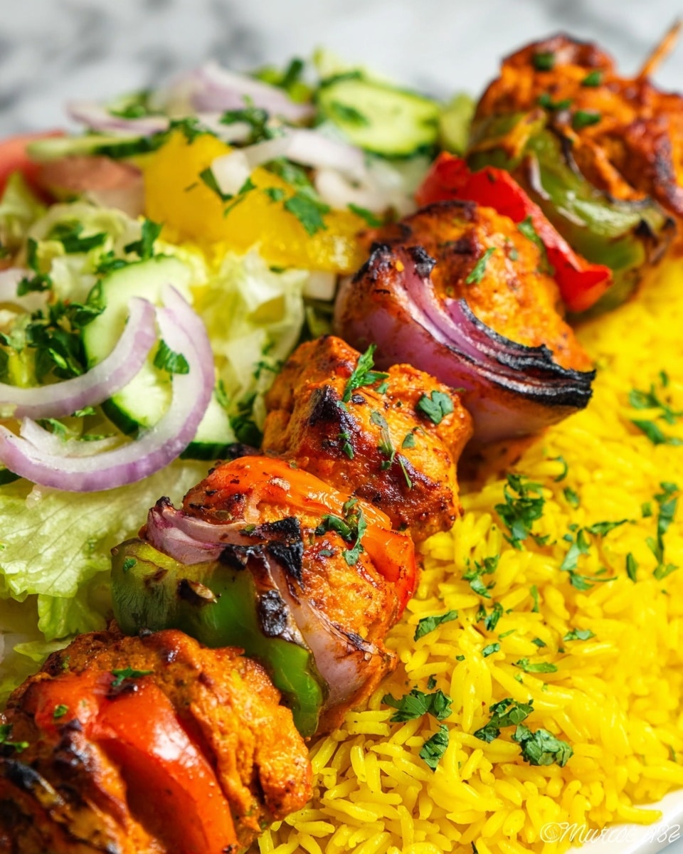 The image shows a close-up of three skewers with thick chunks of orange-colored grilled meat, each piece separated by green bell pepper slices, red bell pepper slices, and purple onion pieces, all sprinkled with chopped green herbs. These skewers rest on a bed of bright yellow rice, which fills the bottom of a white plate. Behind the skewers and rice, there is a fresh salad made of pale green lettuce, thin cucumber slices, and bits of yellow bell pepper, also topped with a few green herb pieces. The whole setting is on a white marbled surface. photo taken with an iphone --ar 4:5 --v 7
