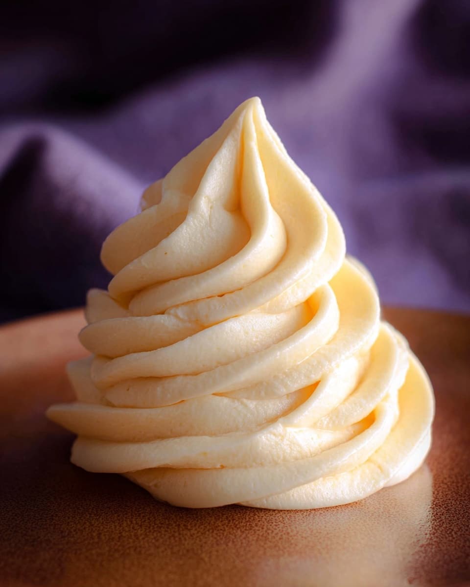 A single swirl of pale yellow buttercream frosting with a smooth and creamy texture is placed in the center of a reflective brown surface. The frosting is layered in soft, thick ridges, building up to a pointed peak at the top. The background shows a blurred purple cloth that contrasts softly with the light frosting. photo taken with an iphone --ar 4:5 --v 7