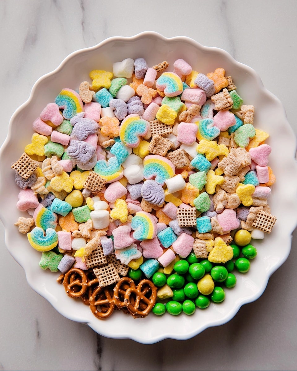 A white scalloped plate filled with a colorful mix of small dry cereal pieces and candy. There are pastel-colored marshmallows shaped like rainbows, hearts, and flowers in pink, blue, yellow, and orange. Tiny beige cereal shapes resembling clovers and ants are scattered all over. Bright green round candies with a shiny surface are mixed in near the bottom half. Some small brown pretzel sticks and light brown checkered cereal pieces add contrast around the middle and left side. The plate sits on a white marbled texture. photo taken with an iphone --ar 4:5 --v 7
