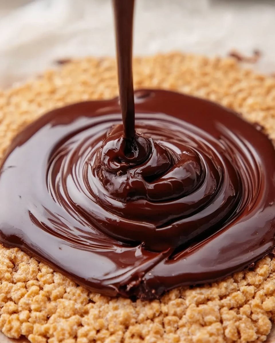 The image shows a close-up of a single layer of light brown crispy cereal base with a smooth, thick, and glossy dark chocolate being poured on top, creating swirls and waves on the chocolate surface. The chocolate is centered and forms an irregular round shape on the cereal layer, with streaks spreading out from the middle. The white marbled surface underneath the dish is barely visible at the edges. Photo taken with an iphone --ar 4:5 --v 7