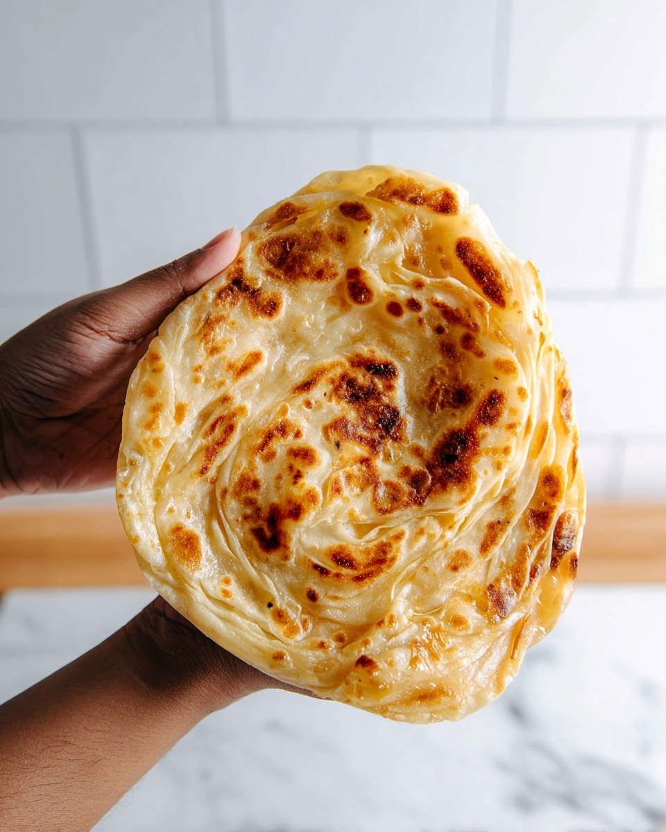 Two hands hold a round, flat bread that is golden brown with darker toasted spots unevenly spread across its surface. The bread has a swollen, layered texture with visible thin, flaky layers curling and separating just above the center, showing a soft inside. The bread looks soft and stretchable with a glossy shine on some parts. The background is a white marbled surface with a blurred white tiled wall. Photo taken with an iphone --ar 4:5 --v 7