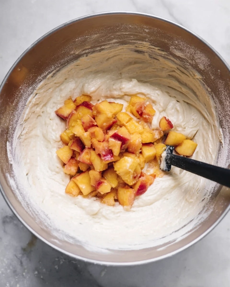 A large metal bowl filled with thick, creamy white batter forms the base layer. On top of the batter, in the center, there is a generous pile of small, diced pieces of yellow and red peaches with smooth textures. A black-handled spatula is partially inserted into the batter, stirring the fruit and batter together. The bowl sits on a white marbled surface, the edges of the bowl are dusted with a thin layer of flour or powder. Photo taken with an iphone --ar 4:5 --v 7