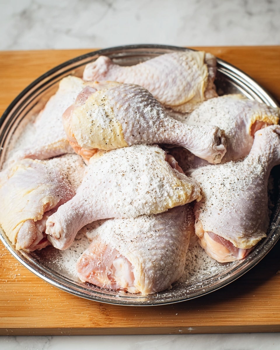 A round silver tray holds several raw chicken legs arranged closely, some overlapping. The chicken skin is pale pink and light yellow, covered unevenly with a thick layer of white powder, likely flour, sprinkled with small bits of black pepper. The tray sits on a wooden board, and the background shows a white marbled texture. photo taken with an iphone --ar 4:5 --v 7