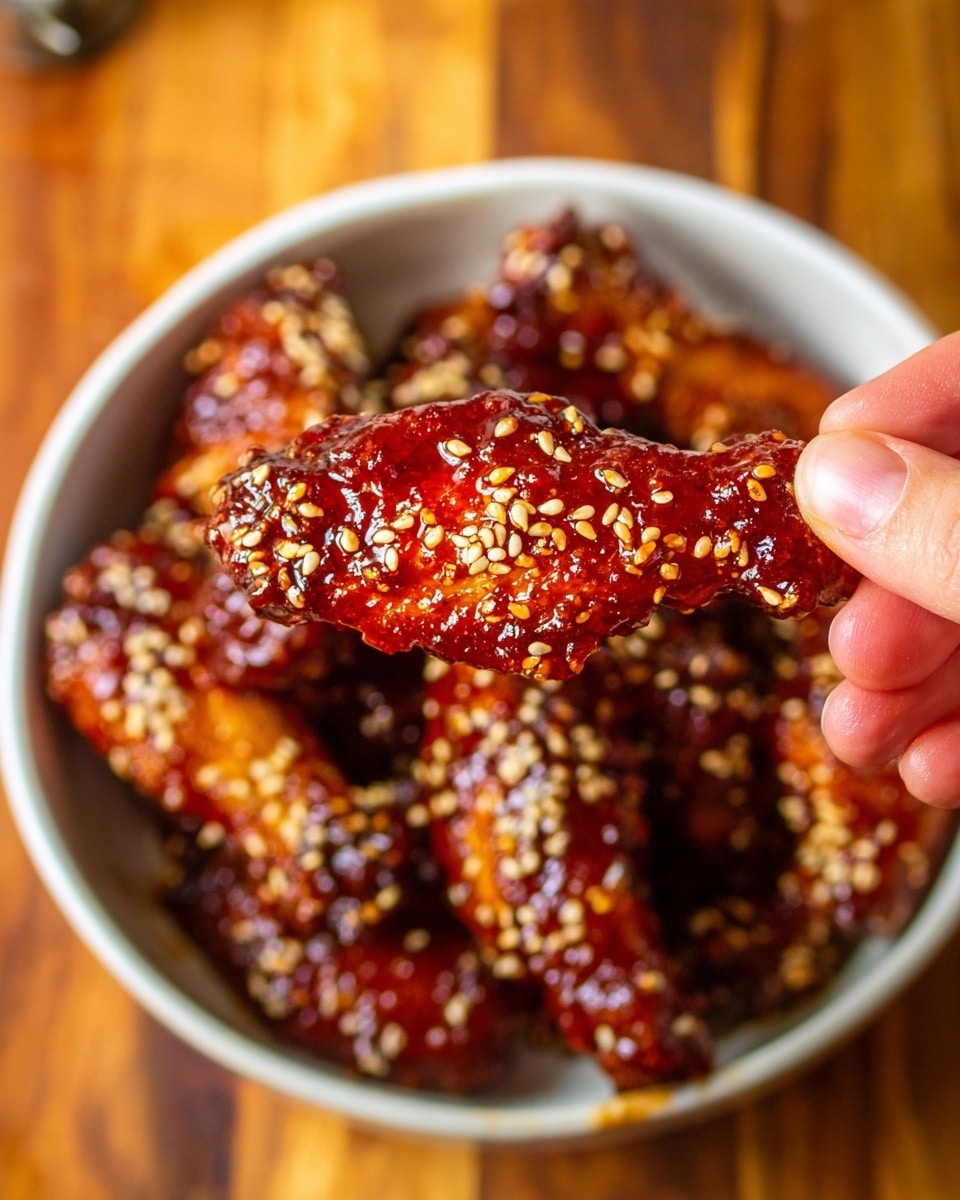 A close-up view of a shiny, sticky chicken wing coated in a dark red sauce and sprinkled with sesame seeds, held between the fingers of a woman's hand. Behind it, there is a white bowl filled with more chicken wings covered in the same sauce and sprinkled with sesame seeds, all sitting on a wooden surface. The sauce looks thick and glossy, giving the wings a rich and flavorful appearance. Photo taken with an iphone --ar 4:5 --v 7
