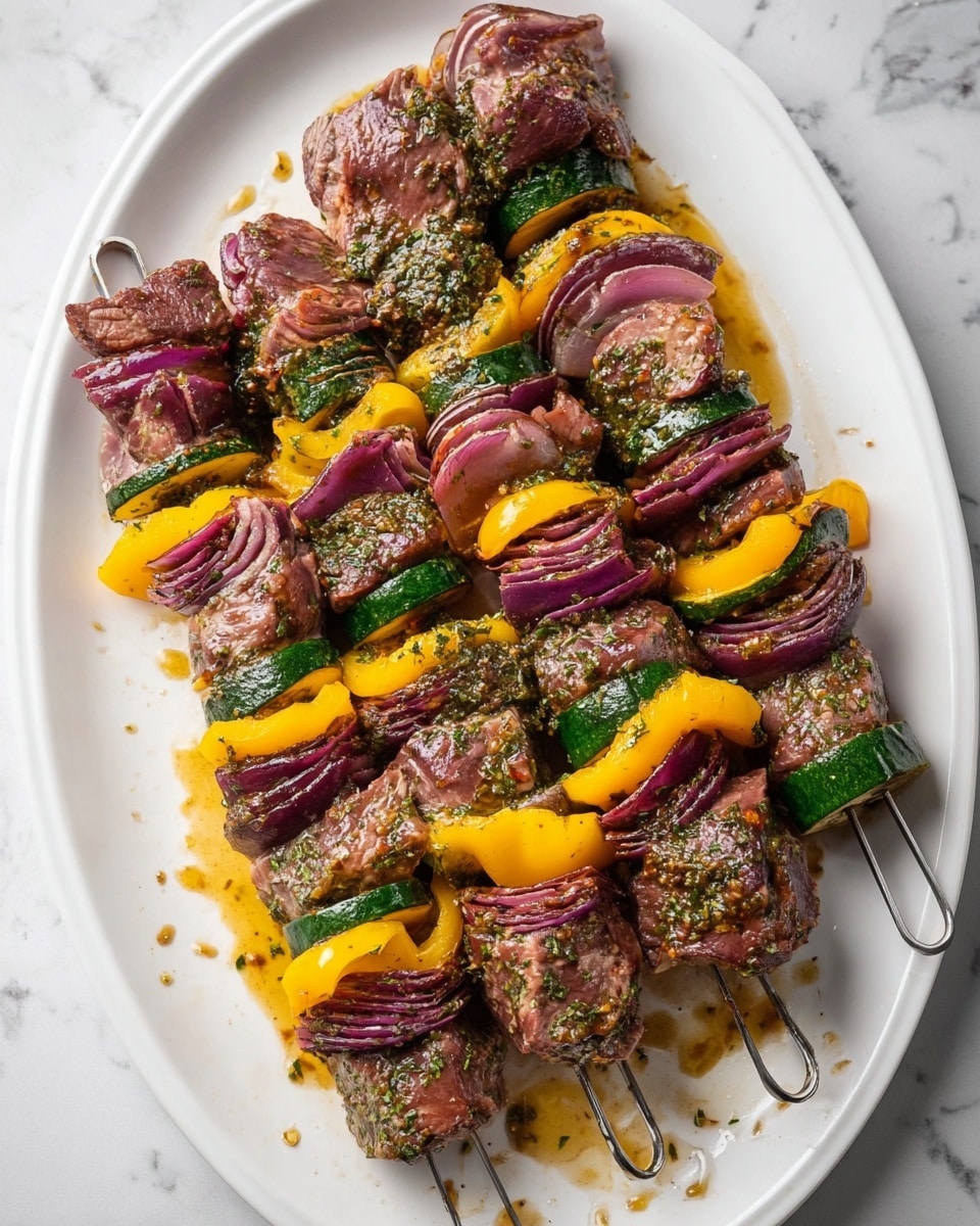 The image shows several metal skewers on a white oval plate, each skewer threaded with large pieces of marinated meat that look tender and seasoned with green herbs. Between the meat chunks are thick slices of purple-red onion, green zucchini, and bright yellow bell pepper pieces. The colors form a pattern of yellow, purple, green, and brownish meat, with the skewer ends resting on the plate. The plate sits on a white marbled surface with some drops of marinade near the skewers. photo taken with an iphone --ar 4:5 --v 7