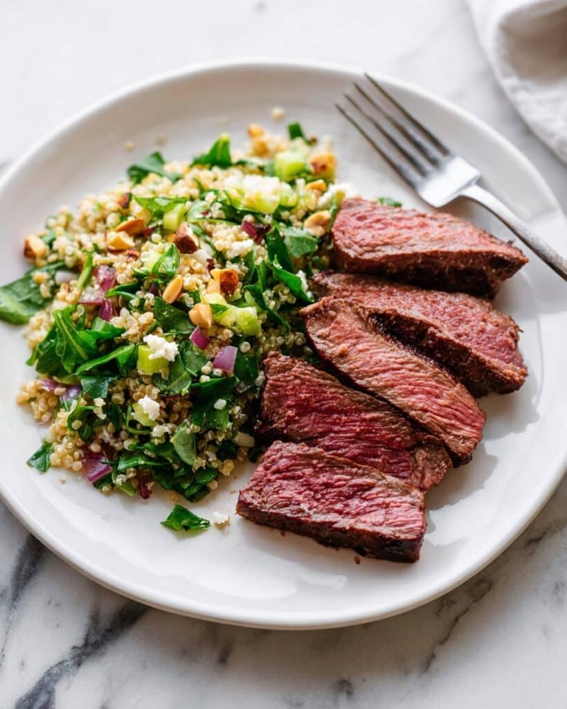 Spring Quinoa Salad with Grilled Steak, Goat Cheese, and Honey Roasted Almonds Recipe