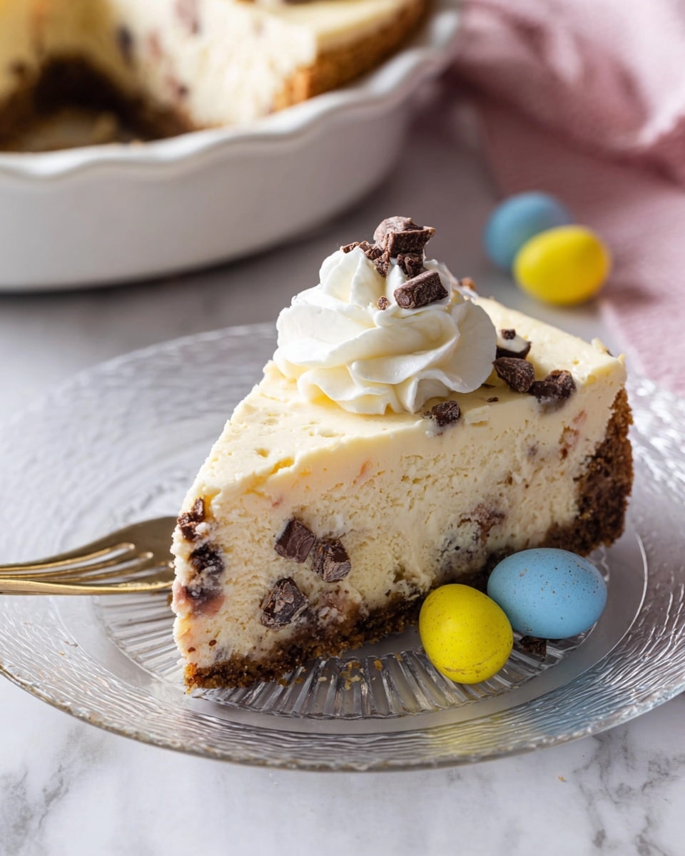 The image shows a single slice of cheesecake on a clear plate over a white marbled surface. The cheesecake has three layers: the bottom layer is a brown crumbly crust, the middle layer is thick and creamy light beige with bits of chocolate mixed inside, and the top layer is smooth with some broken chocolate pieces scattered. On top of the slice is a swirl of white whipped cream. There are two small pastel-colored candy eggs, one blue and one yellow, placed beside the slice. Part of the remaining cheesecake in a white pan can be seen in the background, slightly out of focus. A fork is seen to the left of the slice with a woman's hand holding it. Photo taken with an iphone --ar 4:5 --v 7