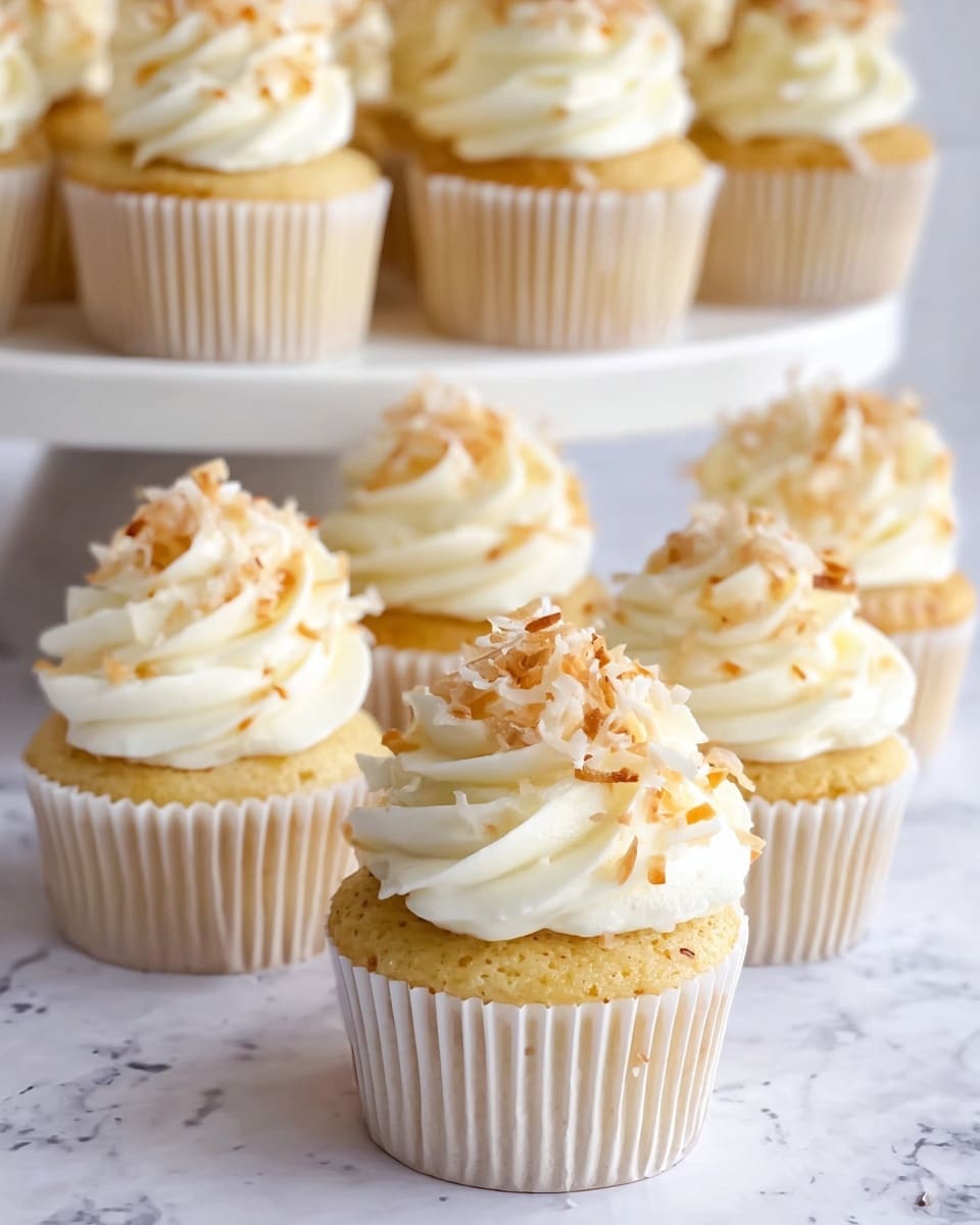 The image shows several vanilla cupcakes in white paper liners arranged on a white marbled surface, with more cupcakes placed on a white stand in the background. Each cupcake has a base of light golden vanilla cake topped with a generous swirl of smooth, creamy white frosting. The frosting is decorated with small, toasted coconut flakes scattered evenly on top, adding a subtle brown and golden texture contrast. The cupcakes are closely packed, creating a sense of abundance and inviting texture. Photo taken with an iphone --ar 4:5 --v 7