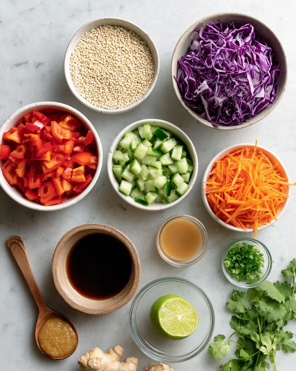 The image shows a top view of several white bowls and containers arranged on a white marbled surface, each filled with different fresh ingredients. At the top left, a bowl holds small white quinoa seeds, while on the top right, a bowl contains shredded purple cabbage with white streaks. Below the quinoa, there is a bowl filled with bright red diced bell peppers, and to the right of it, a bowl full of chopped green cucumber with light green flesh and darker skin. Next to the cucumber is a bowl with sliced orange carrots. Below these, a small bowl of chopped green onions sits next to a clear small bowl with dark brown liquid, and a white container with a similar brown liquid is placed to the right. In the lower center, a wooden spoon holds a beige creamy sauce, while fresh green cilantro leaves and a halved lime with a bright green color are placed at the bottom right. A piece of fresh light brown ginger root rests on the bottom left. Photo taken with an iphone --ar 4:5 --v 7