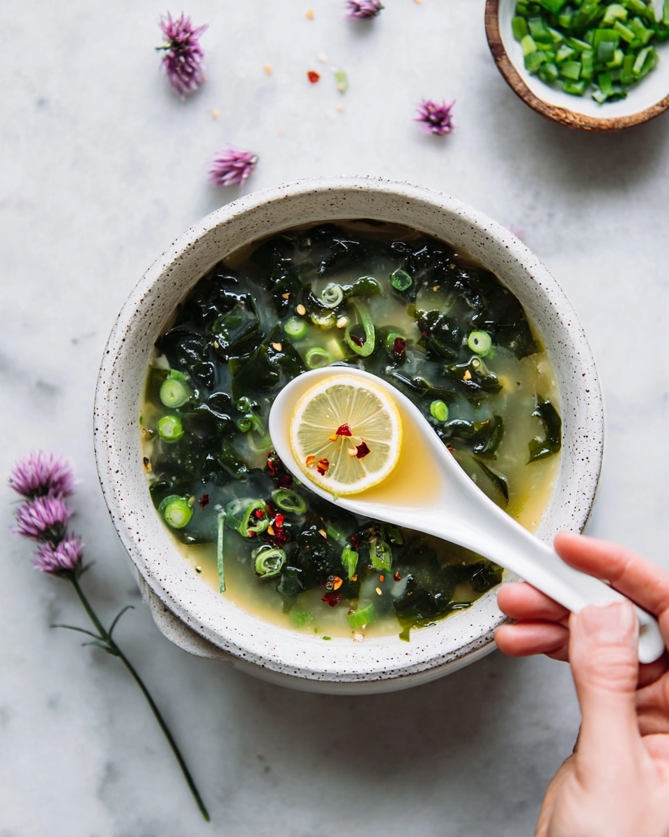 A white speckled bowl filled with clear broth soup with floating dark green leafy seaweed pieces and small slices of green onion, topped with a thin slice of lemon decorated with red pepper flakes; a white ceramic spoon held by a woman's hand lifts some of the soup showing the broth, seaweed, green onion rings, and red pepper flakes clearly; a few small purple edible flowers float on the surface, resting on a white marbled surface with a small bowl of chopped green onions and some scattered flower petals nearby, photo taken with an iphone --ar 4:5 --v 7
