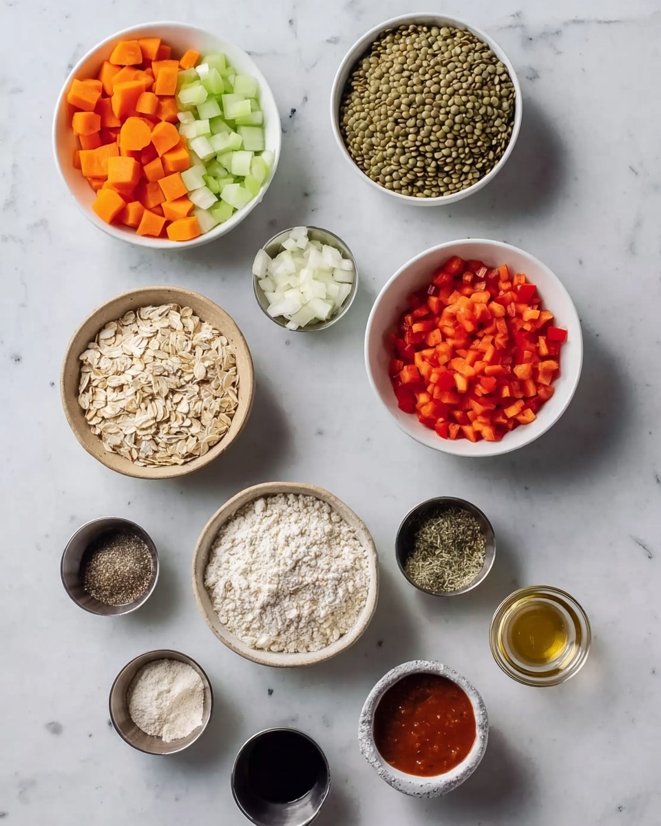 The image displays a white marbled surface with 12 small white bowls or dishes arranged neatly. At the top left, a bowl contains chopped orange carrots, green celery, and white onions, divided into segments. Next to it on the right, a bowl is filled with dry green lentils. Below the lentils, a bowl holds finely chopped red bell peppers. To the left of the red peppers, a beige bowl contains rolled oats. Below the oats, four small bowls contain different seasonings: one has a mix of salt, black pepper, and garlic powder; another has a mix of dried herbs and ground spices; the third has flour; the fourth has mixed spices with a coarse texture. There are also three small metal cups containing a dark liquid, a lighter golden liquid, and a thick red sauce. Additionally, a small clear bowl holds minced garlic. The arrangement is tidy and the colors of the ingredients contrast with the white marbled surface. Photo taken with an iphone --ar 4:5 --v 7
