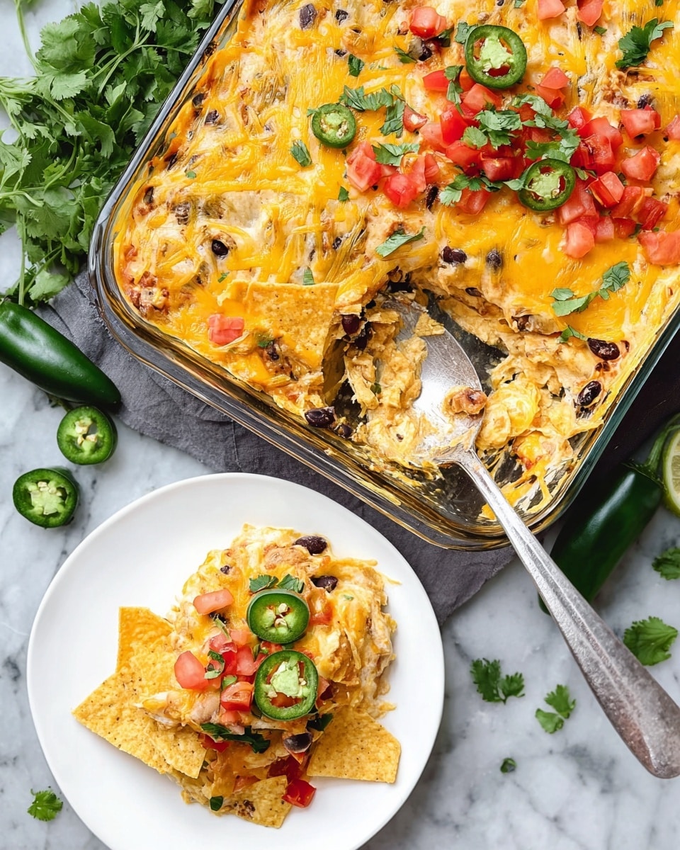 A large rectangular glass dish holds a layered casserole with a creamy light yellow base mixed with black beans, topped with melted yellow and white cheese. On top, there are broken tortilla chips scattered unevenly, along with chopped red tomatoes and fresh green cilantro leaves. A silver spoon is scooping a portion from the dish, showing the inner layers of melted cheese, beans, and chips mixed together. Next to the dish, on a white plate set on a white marbled surface, is a serving of the casserole with jalapeno slices on top. Around the plate and dish, there are whole jalapenos and fresh cilantro sprigs for garnish. Photo taken with an iphone --ar 4:5 --v 7