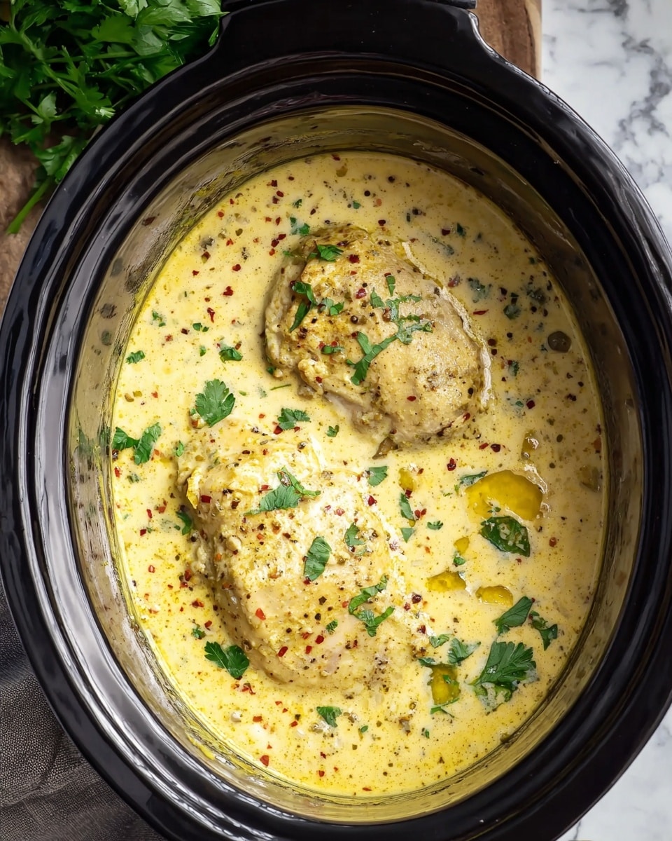 Inside a black slow cooker, two browned chicken pieces sit partly submerged in a thick, creamy yellow sauce speckled with black pepper and red spices, with small green parsley pieces scattered on top and around. The sauce has a smooth texture with small visible oil pools, and the chicken looks tender with a lightly browned surface. The slow cooker rests on a white marbled surface with a small bundle of fresh parsley in the top left corner and a gray cloth on the right side. Photo taken with an iphone --ar 4:5 --v 7