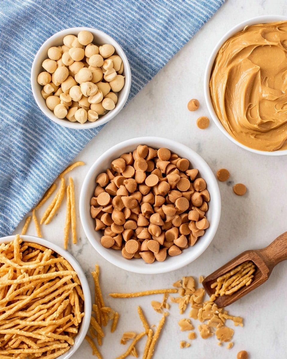 The image shows four white bowls on a white marbled surface. The central bowl is filled with smooth, shiny light brown peanut butter chips, with some scattered around the bowl. On the top left, a smaller white bowl holds light tan peanuts. To the right, another white bowl contains creamy, smooth peanut butter with swirled patterns on the surface. At the bottom left, a white bowl is full of thin, light golden crunchy sticks, with some spilling out onto the surface near a small wooden scoop on the right. A blue and white striped cloth is placed under the bowls at the top left corner. photo taken with an iphone --ar 4:5 --v 7