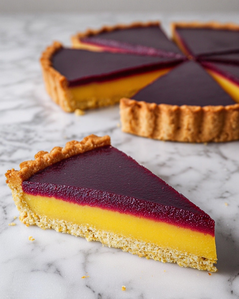 The image shows a tart sliced into pieces placed on a white marbled surface. The tart has three visible layers: the bottom crust is golden and crumbly, the middle layer is smooth and yellow, and the top layer is a glossy deep purple. The crust has a slightly scalloped edge, and one slice is in the front with the whole tart and remaining slices in the background. Photo taken with an iphone --ar 4:5 --v 7