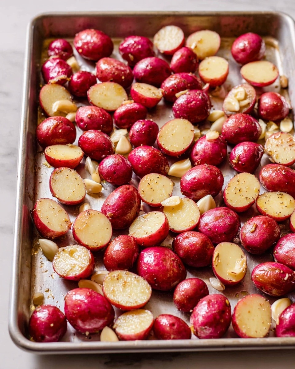 The image shows a metal baking sheet filled with halved red potatoes, each piece showing a shiny, smooth red skin on one side and a pale yellow inside on the other. The potatoes are arranged in neat rows, spaced evenly apart, and are coated with a glistening layer of oil and seasoning, giving them a slightly speckled appearance. Small pieces of whole garlic cloves are scattered among the potatoes, adding a creamy white contrast. The baking sheet rests on a white marbled surface. photo taken with an iphone --ar 4:5 --v 7