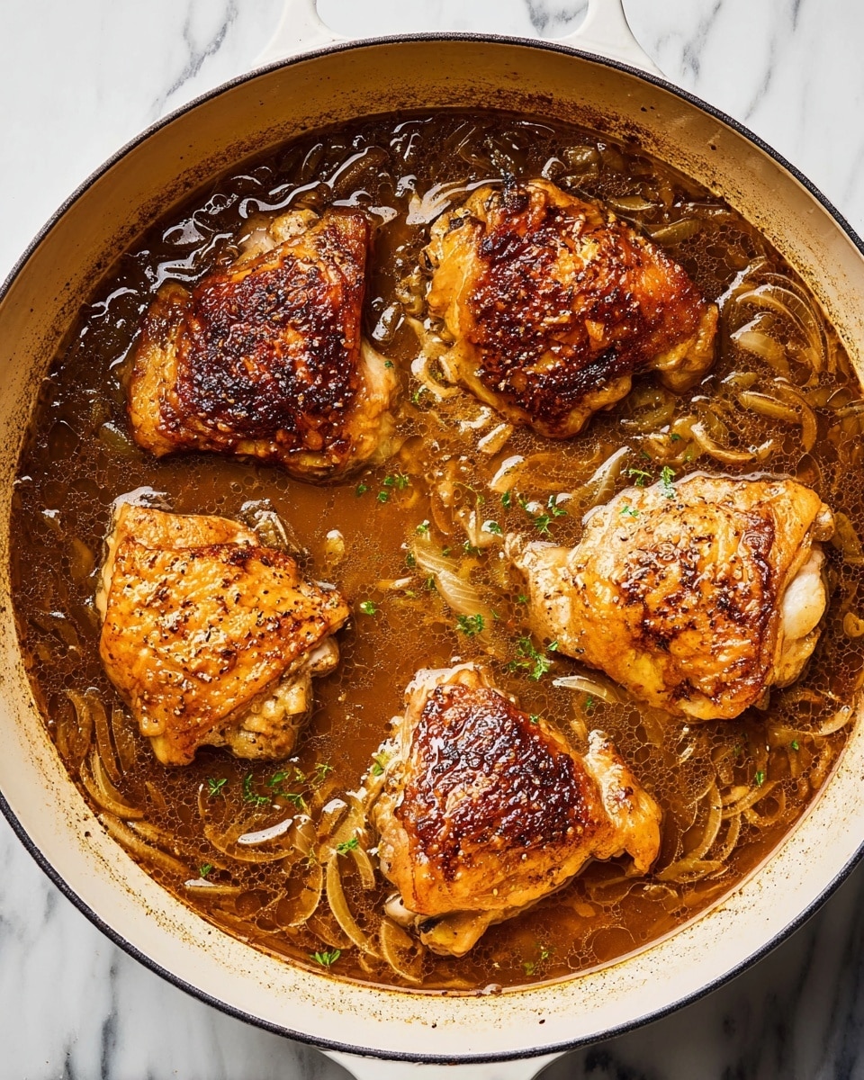 The image shows a large white pan filled with four pieces of cooked chicken with crispy, golden-brown skin floating in a rich, dark brown broth. The broth contains thin slices of cooked onions and small bits of herbs, adding texture and color contrast. The chicken pieces are placed evenly around the pan, each with a slightly different texture and the skin showing a mix of shiny and crispy areas. The pan sits on a surface with a white marbled texture. photo taken with an iphone --ar 4:5 --v 7