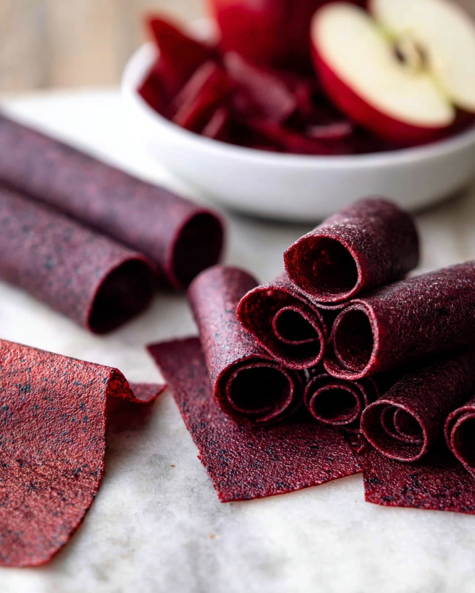 The image shows several dark red fruit leather rolls and flat sheets laid out on a white marbled surface. Some of the fruit leathers are tightly rolled, forming spirals with textured, slightly rough surfaces, while others lay flat, revealing a rich, speckled pattern. In the background, there is a white bowl filled with more fruit leather pieces, and part of a halved apple is visible, with its white flesh and seeds clearly showing. The overall scene has a natural, rustic feel with deep red colors contrasting against the pale white marble and apple flesh. Photo taken with an iphone --ar 4:5 --v 7