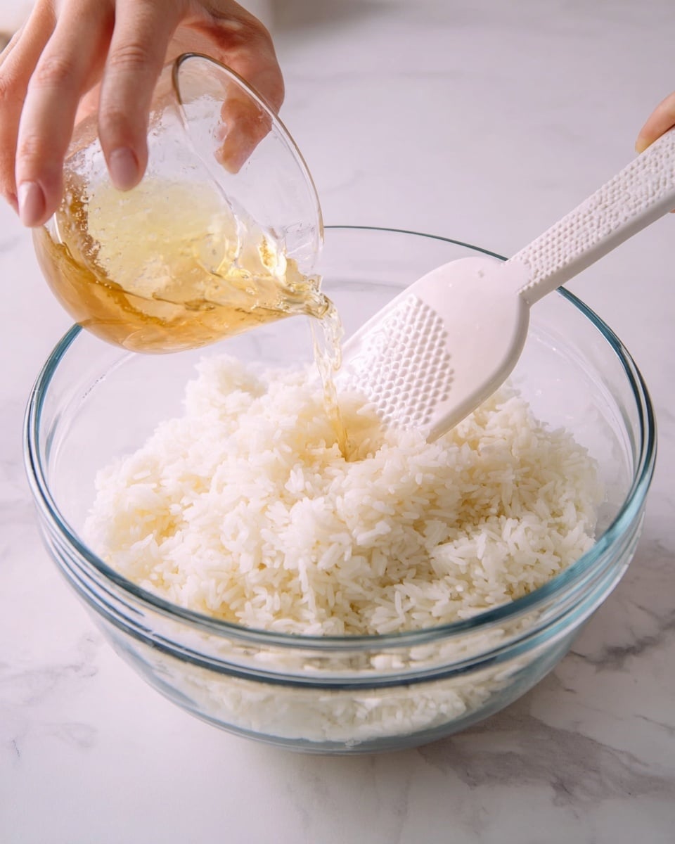A clear glass bowl shows one layer of white cooked rice with a soft, fluffy texture filling the bowl. Above the rice, a woman's hand is pouring a light golden liquid from a smaller clear glass bowl, which is tilted toward the rice. A white plastic spatula with textured grip rests inside the glass bowl, positioned upright and touching the rice. The scene is set on a white marbled surface with soft and even lighting. Photo taken with an iphone --ar 4:5 --v 7