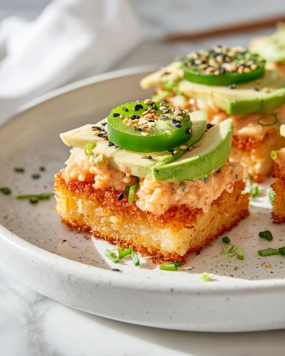 The dish shows small square pieces of crispy golden-brown fried rice as the bottom layer, with thin, pale green avocado slices carefully placed on top. Above the avocado layer is a creamy, light orange mixture with visible small bits, giving it a textured look. Each piece is finished with a thin, bright green slice of jalapeño pepper on top, along with tiny black and white sesame seeds and small green chive pieces sprinkled over. The food is served on a white plate with a slightly speckled pattern, placed on a white marbled surface with soft natural light. Photo taken with an iphone --ar 4:5 --v 7