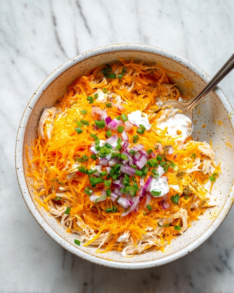 In a white speckled bowl on a white marbled surface, there is a mixture with several layers visible: the bottom layer is shredded white cooked chicken, topped with a thick layer of bright orange shredded cheddar cheese. On top of the cheese, there are small white dollops of sour cream and a sprinkle of finely chopped green onions, scattered evenly around. There are also thin slices of purple onion and some darker green herbs adding color contrast. A silver spoon rests inside the bowl, partially covered with the mixture. The photo is taken with an iphone --ar 4:5 --v 7