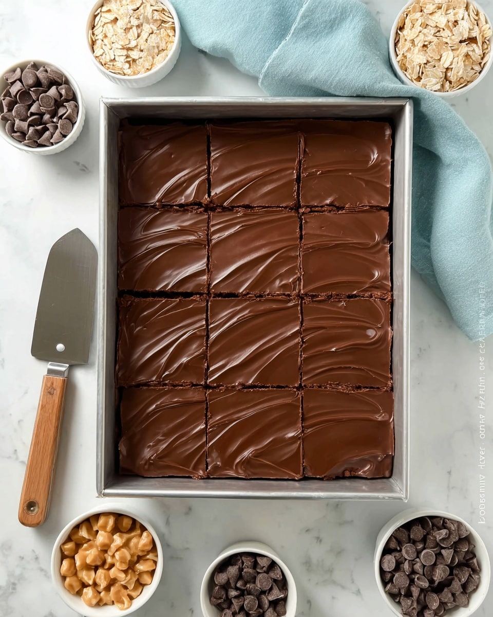 The image shows a silver rectangular pan filled with 16 evenly cut square pieces of a chocolate-covered dessert. The top layer is a smooth, glossy chocolate spread with a swirling pattern creating a wavy texture across the surface. Around the pan are small white bowls filled with dark chocolate chips, light brown peanut butter chips, and toasted rice cereal flakes, placed on a white marbled surface. A cake server with a wooden handle rests against the pan on the left side. A light blue cloth is casually draped in the upper right corner. photo taken with an iphone --ar 4:5 --v 7