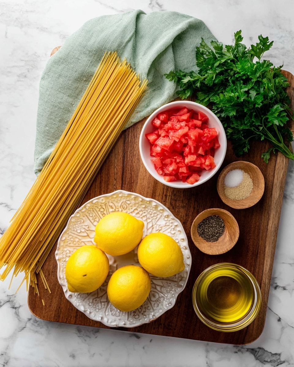 A wooden board sits on a white marbled surface holding several ingredients: in one corner, uncooked spaghetti sticks wrapped partially in a soft green cloth, next to a small white bowl filled with bright red chopped tomatoes. A cluster of fresh green parsley rests to the right of the bowl. Below, a round white bowl with a delicate open lace design holds four vibrant yellow lemons. Near the lemons, a small wooden bowl contains two different piles of seasoning, one light and one dark. Finally, a clear glass bowl with golden olive oil completes the setup, all arranged neatly and evenly spaced. Photo taken with an iphone --ar 4:5 --v 7