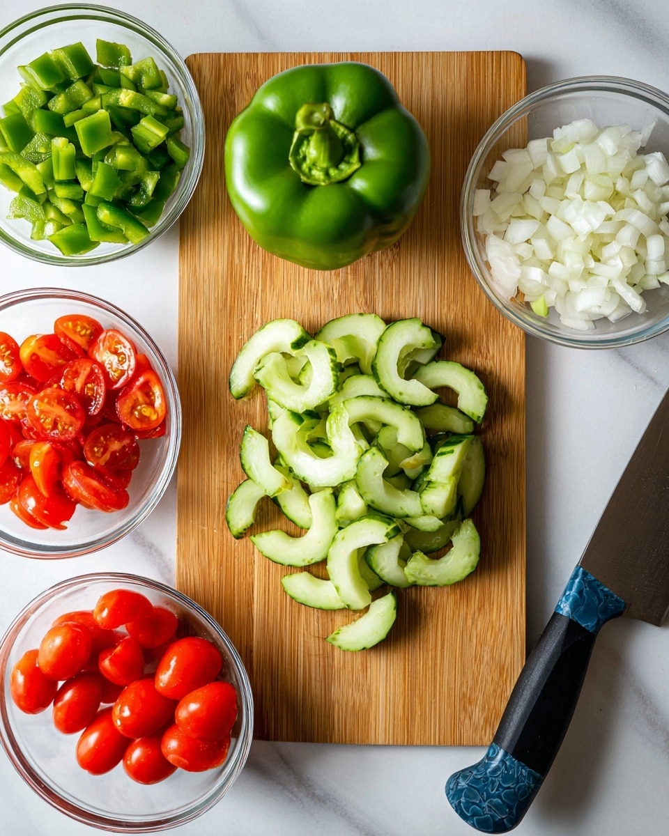 A wooden cutting board sits on a white marbled surface, with a pile of sliced cucumber in the center showing bright green skin and pale green flesh with a slightly curved shape. Above the cucumber, a whole shiny green bell pepper is placed. To the left, a clear bowl filled with diced green bell pepper pieces contrasts with the cutting board. Below that, another clear bowl contains halved bright red cherry tomatoes, with a few whole tomatoes scattered on the surface beside it. On the top right, a clear bowl holds chopped white onions with a soft texture. A large knife with a blue and black handle rests on the right edge of the cutting board. photo taken with an iphone --ar 4:5 --v 7