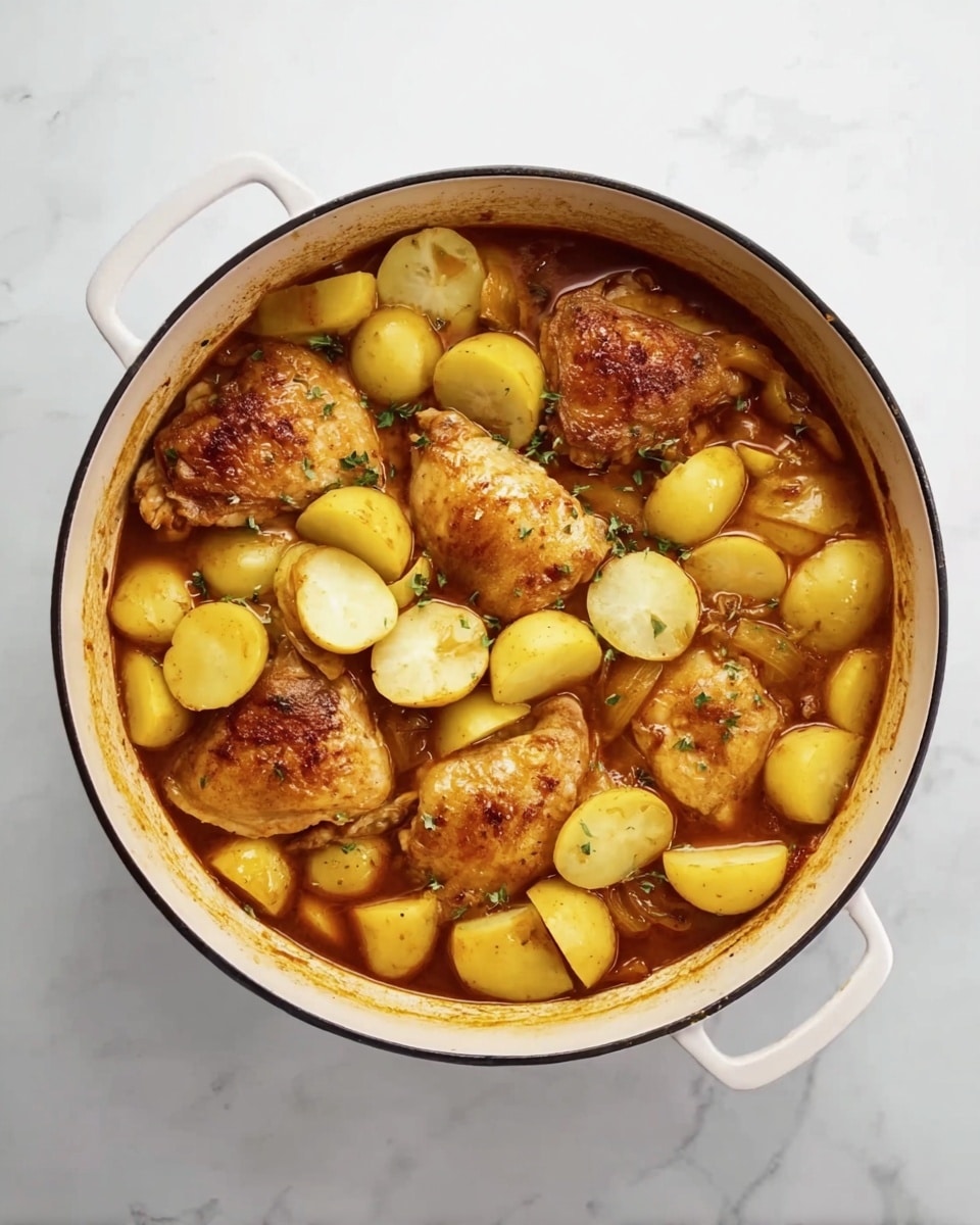 A round white pot with two handles is filled with a rich brown stew as the base layer. On top of the stew, there are four golden-brown cooked pieces of chicken skin visible, slightly browned and crispy. The top layer consists of many small yellow potato pieces, some halved and some quartered, scattered evenly across the chicken. The pot sits on a white marbled surface. photo taken with an iphone --ar 4:5 --v 7