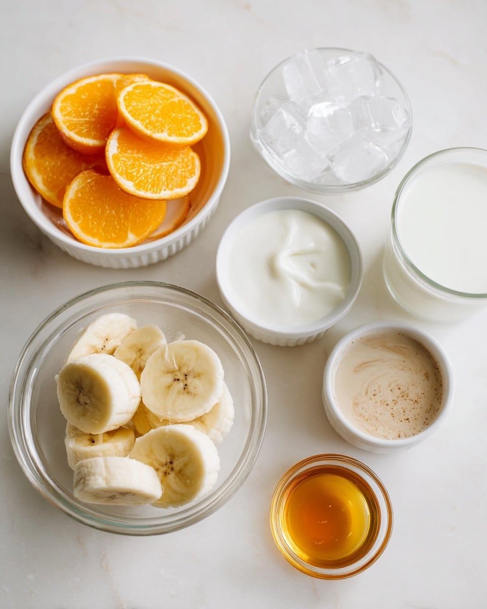 The image shows seven small containers arranged on a white marbled surface. There is a white bowl with bright orange fruit slices on the left side. Next to it is a clear glass bowl filled with thick banana slices, pale yellow with brown spots, placed in the foreground. Above the orange bowl is a white ramekin filled with clear ice cubes. To the right of the ice is another white ramekin with smooth white yogurt. Near the center is a small round bowl with light brown liquid that has tiny darker specks. On the far right is a clear glass filled halfway with white milk. In front of the banana bowl is a small clear bowl containing honey, golden and shiny. The containers and ingredients are neatly spaced on the white marbled surface. photo taken with an iphone --ar 4:5 --v 7