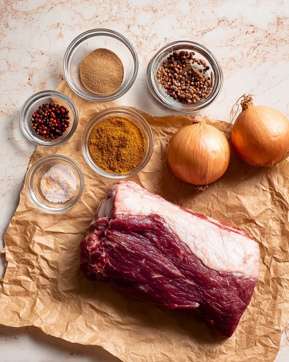 The image shows a raw piece of meat with a thick layer of white fat on top, laid on crumpled brown paper. Around the meat are small clear glass bowls filled with spices and seasonings: one with a fine brown spice mix, one with coarse salt, one with a golden-yellow powder, and one with a mix of red and brown spices plus some small seeds. There are also two whole onions with light brown skins next to the bowls. All items are placed on a white marbled textured surface. Photo taken with an iphone --ar 4:5 --v 7