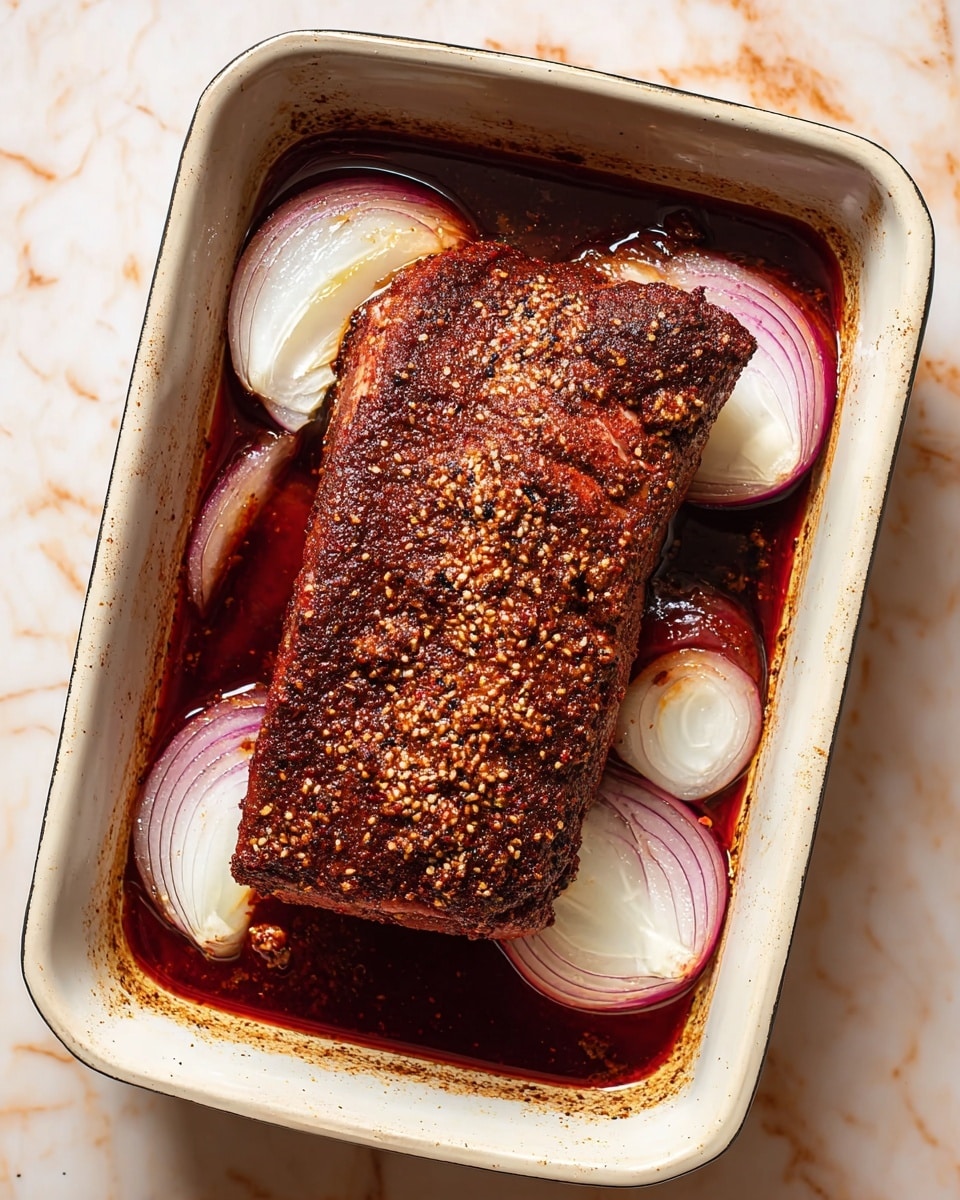 A large piece of meat with a dark reddish-brown spicy crust rests in the middle of a white rectangular baking dish filled with dark red liquid. Underneath the meat, several thick white onion slices with a slight pink tint around the edges are laid flat, partially soaking in the liquid. The baking dish sits on a white marbled surface, and the meat's textured spice coating shows visible seeds and grains. The scene has a warm, rich tone. photo taken with an iphone --ar 4:5 --v 7