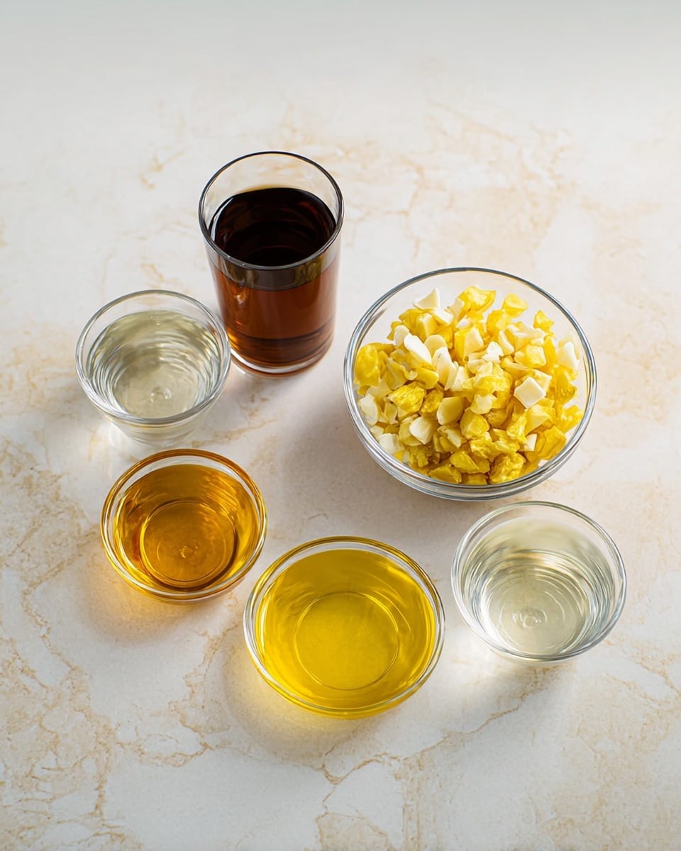 The image shows five small glass containers with different ingredients arranged on a white marbled surface. At the top right is a clear glass bowl filled with small yellow and white chopped pieces. Below and slightly to the left are two small clear bowls, one with a golden yellow liquid and the other with a solid light yellow piece. Behind these two bowls are two tall glasses, one with a dark brown liquid and the other with a clear liquid. The colors range from dark brown and golden yellow to pale yellow and clear, with the bowls and glasses clean and simple. The overall look is bright and neat, focused on the ingredients. photo taken with an iphone --ar 4:5 --v 7