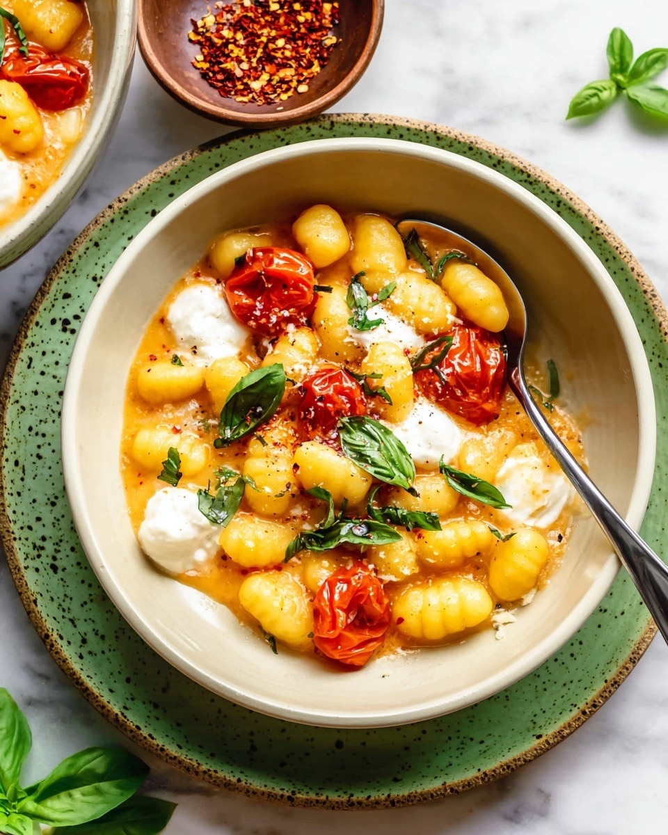 A white bowl holds three layers of food: the bottom layer is small yellow gnocchi coated in a light orange sauce; scattered on top are bright red roasted cherry tomatoes and dollops of white creamy cheese. Fresh green basil leaves are sprinkled over everything. A shiny silver spoon is placed inside the bowl on the right side. The bowl sits on a white marbled surface with a green speckled plate underneath. In the background, there is a small brown bowl with red chili flakes and another bowl with similar food. photo taken with an iphone --ar 4:5 --v 7
