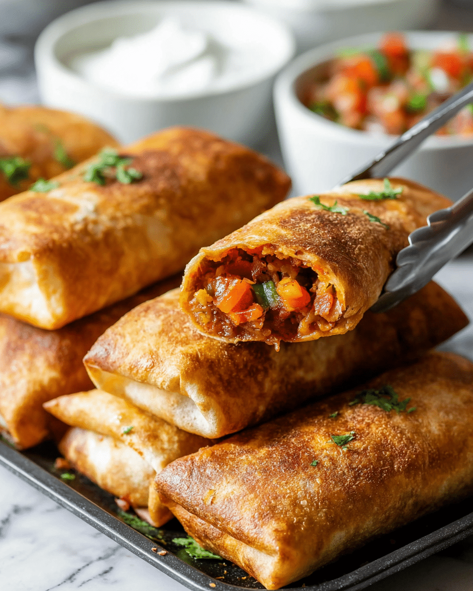 The image shows six golden-brown burritos with a crispy fried texture, stacked together on a black tray with a white marbled surface underneath. One burrito is being held up by tongs, revealing a filling that includes red sauce, small pieces of green herbs, and some melted cheese, all visible inside the folded tortilla. In the background, there are two white bowls on the white marbled surface, one containing a colorful salsa made of red, green, and orange diced vegetables, and the other filled with white sour cream. photo taken with an iphone --ar 4:5 --v 7