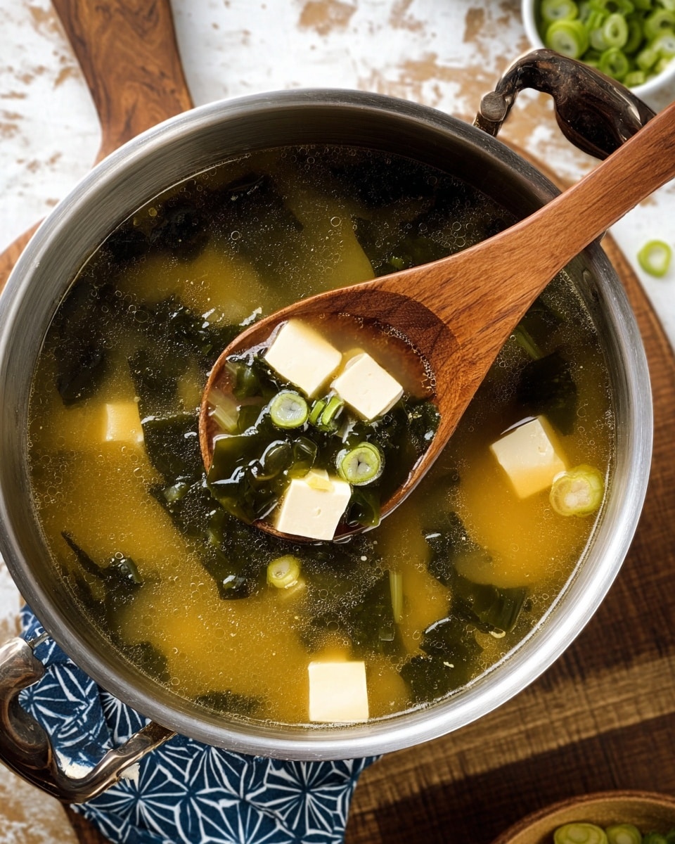A metal pot filled with light brown broth showing small bubbles over green seaweed pieces spread unevenly inside, with pale white cubes of tofu floating near the top; thin slices of green onions peek through the broth in small round shapes scattered across the surface; a wooden spoon with a smooth texture is scooping tofu and seaweed in the center, its brown color contrasting with the soup. The pot rests on a wooden table with a blue and white patterned napkin partially visible under the handle, and the background is changed to a white marbled texture. photo taken with an iphone --ar 4:5 --v 7
