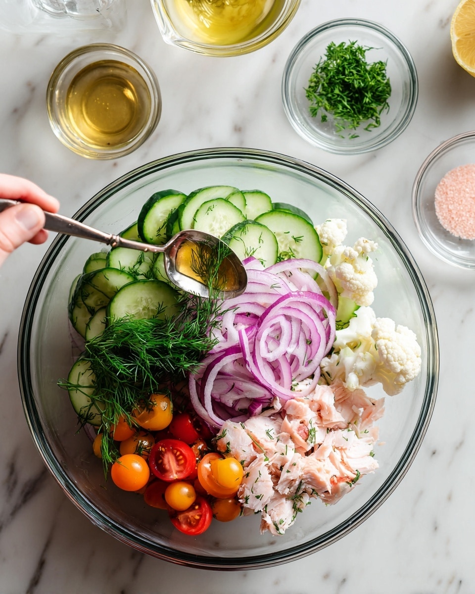 A clear glass bowl sits on a white marbled surface, filled with a colorful layered salad. The bottom layer is sliced bright green cucumbers arranged on one side and stacked again on the opposite side of the bowl. Next to the cucumbers, thinly sliced red onions create a vivid purple curved pile in the center. Around the onions, small bright orange cherry tomatoes are halved and grouped on one side. To one side of the tomatoes, light pink, shredded cooked fish rests gently. Near the cucumbers, sprigs of fresh dark green dill and some white cauliflower florets add texture and contrast. Above the bowl, a woman's hand is holding a spoon with golden honey or syrup, about to drizzle it over the salad. Nearby, small clear glass bowls contain olive oil, pink salt, and green chopped herbs. Photo taken with an iphone --ar 4:5 --v 7