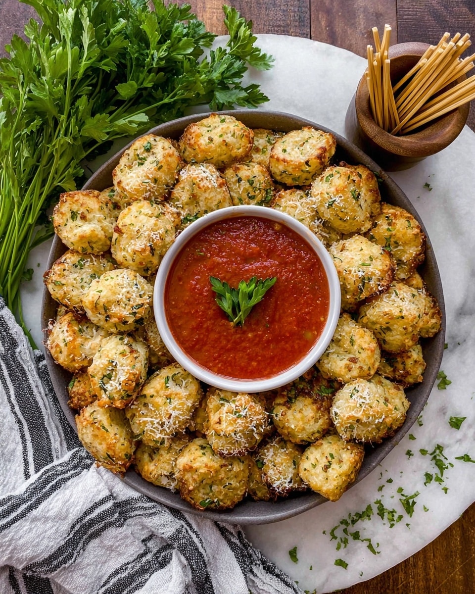 A round dish filled with many small, golden brown baked bites, lightly sprinkled with white cheese and bits of green herbs; in the center of the dish, a smaller white bowl holds a smooth red marinara sauce topped with a sprig of fresh green parsley. The dish sits on a white marbled surface with a striped cloth partly underneath it, and next to it is a bunch of fresh parsley and a small container filled with wooden toothpicks. Photo taken with an iphone --ar 4:5 --v 7