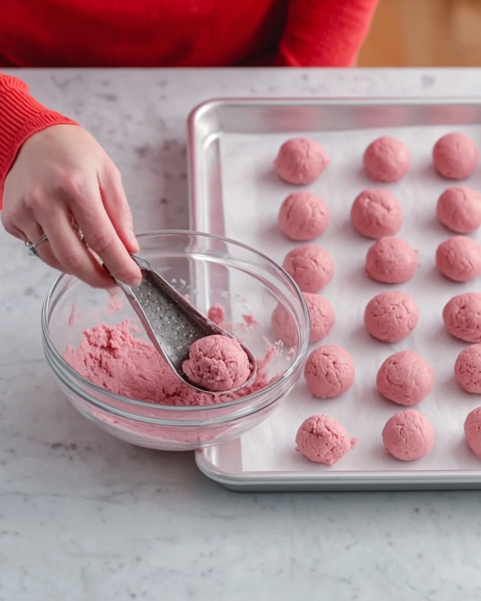 The image shows a woman's hand using a metal scoop to place small, round dollops of pink dough on a white tray lined with parchment paper. There are nine evenly spaced scoops of dough already on the tray, each with a rough texture. The glass bowl holding the remaining pink dough sits on a white marbled counter, and a pink spatula is resting inside the bowl. The woman's arm is partially visible, wearing a bright orange sleeve. The scene is bright and clean, focused on the dough preparation process. photo taken with an iphone --ar 4:5 --v 7