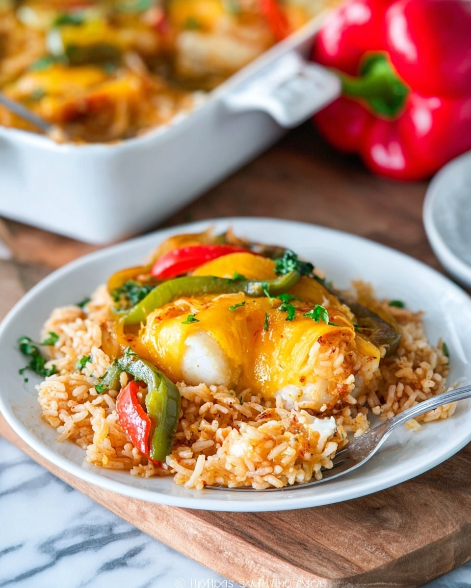 A white plate holds a bed of cooked rice colored light brown with seasoning, topping it is a piece of cooked white fish covered with melted yellow cheese. Around and on top of the fish are slices of red, green, and yellow bell peppers, cooked onions, and small bits of fresh green herbs. A fork with a small piece of the dish holds a bit of fish, a piece of green pepper, and some herbs near the front of the plate. The background shows a white baking dish with more of the cooked mix and a red bell pepper on a white marbled surface. Photo taken with an iphone --ar 4:5 --v 7