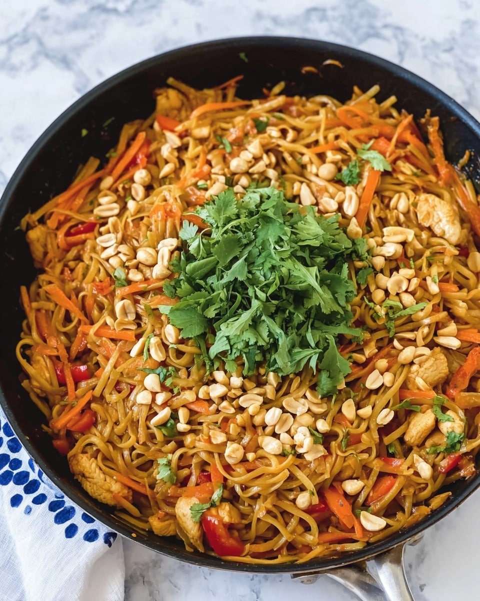 A black pan filled with cooked noodles mixed with orange carrot strips and small pieces of cooked chicken meat, along with small red bell pepper bits. The noodles and vegetables are mixed evenly, and the dish is topped with a generous pile of fresh green cilantro leaves at the center. There are also many chopped light beige peanuts sprinkled all over the noodles. The pan sits on a white marbled surface and part of a white cloth with blue circles is visible near the pan handle. Photo taken with an iphone --ar 4:5 --v 7