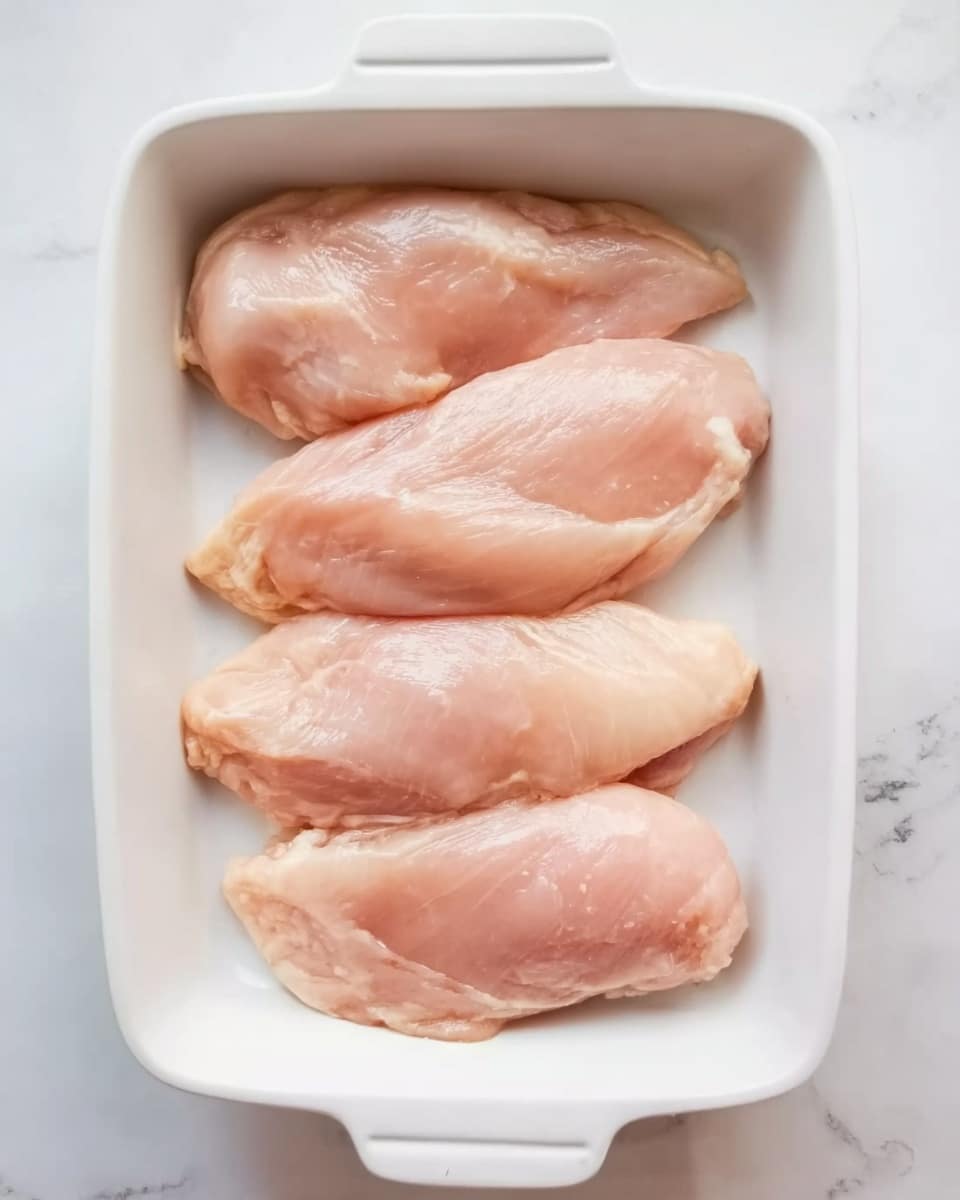 Four pieces of raw chicken with a soft pink color and smooth shine lay side by side in a white ceramic dish with handles on each side. The chicken pieces are evenly spaced, showing slight texture and natural fatty lines. The dish rests on a white marbled surface with soft grey veins, creating a clean and bright setting. photo taken with an iphone --ar 4:5 --v 7